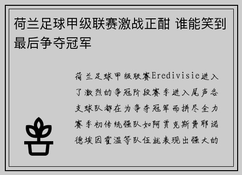 荷兰足球甲级联赛激战正酣 谁能笑到最后争夺冠军