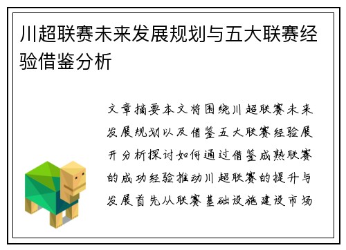 川超联赛未来发展规划与五大联赛经验借鉴分析