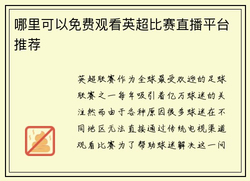 哪里可以免费观看英超比赛直播平台推荐
